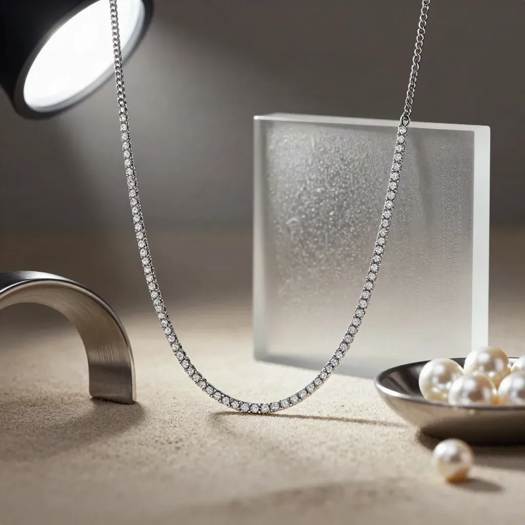 Diamond line necklace on frosted glass with brushed metal and pearl dish, sparkling mid-slip.