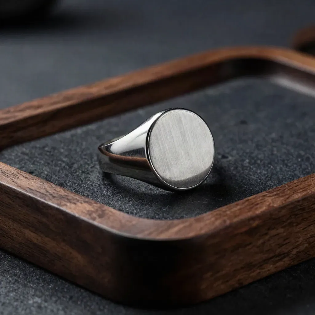 Platinum signet ring on walnut tray beside a smooth stone, dark dramatic macro
