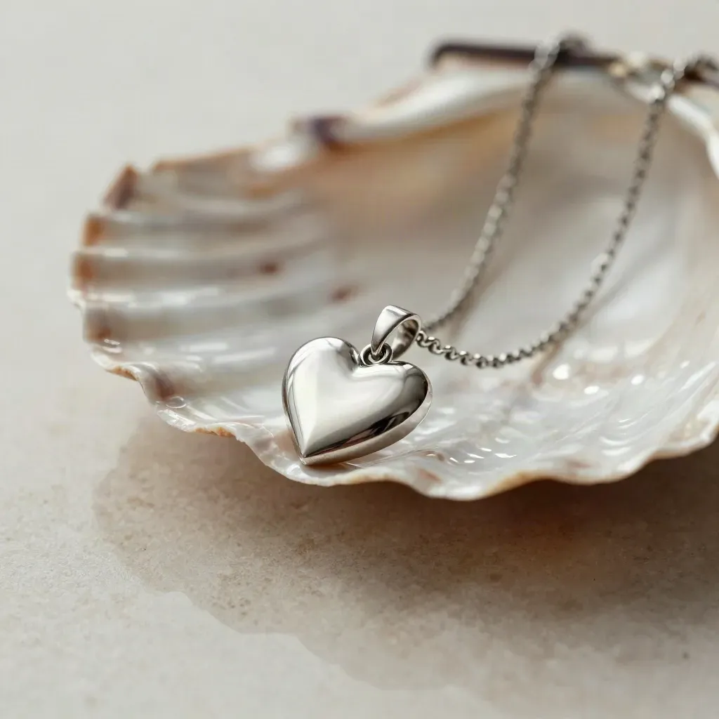 Heart pendant necklace resting in a shell dish beside folded linen, softly lit.