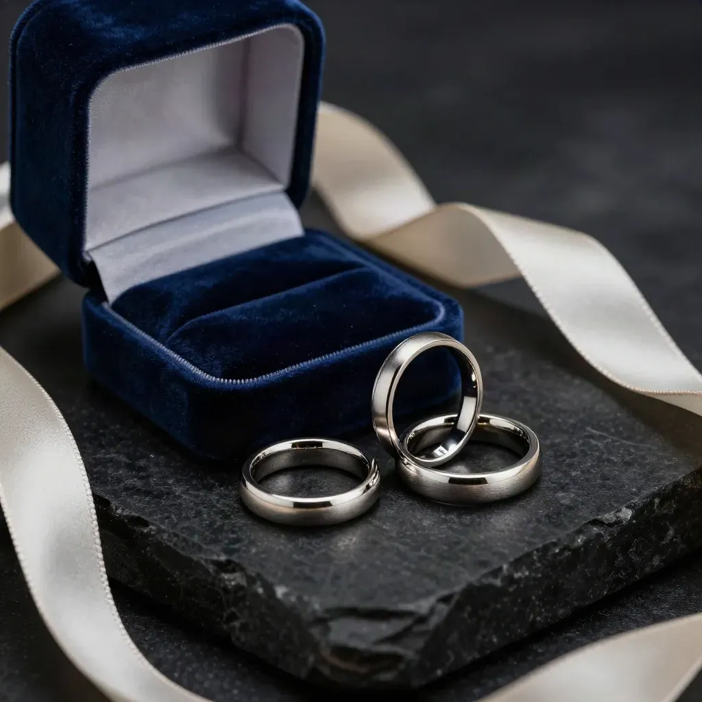 Platinum engagement set with two bands, navy velvet ring box, ivory wrap and ribbon on black plinth