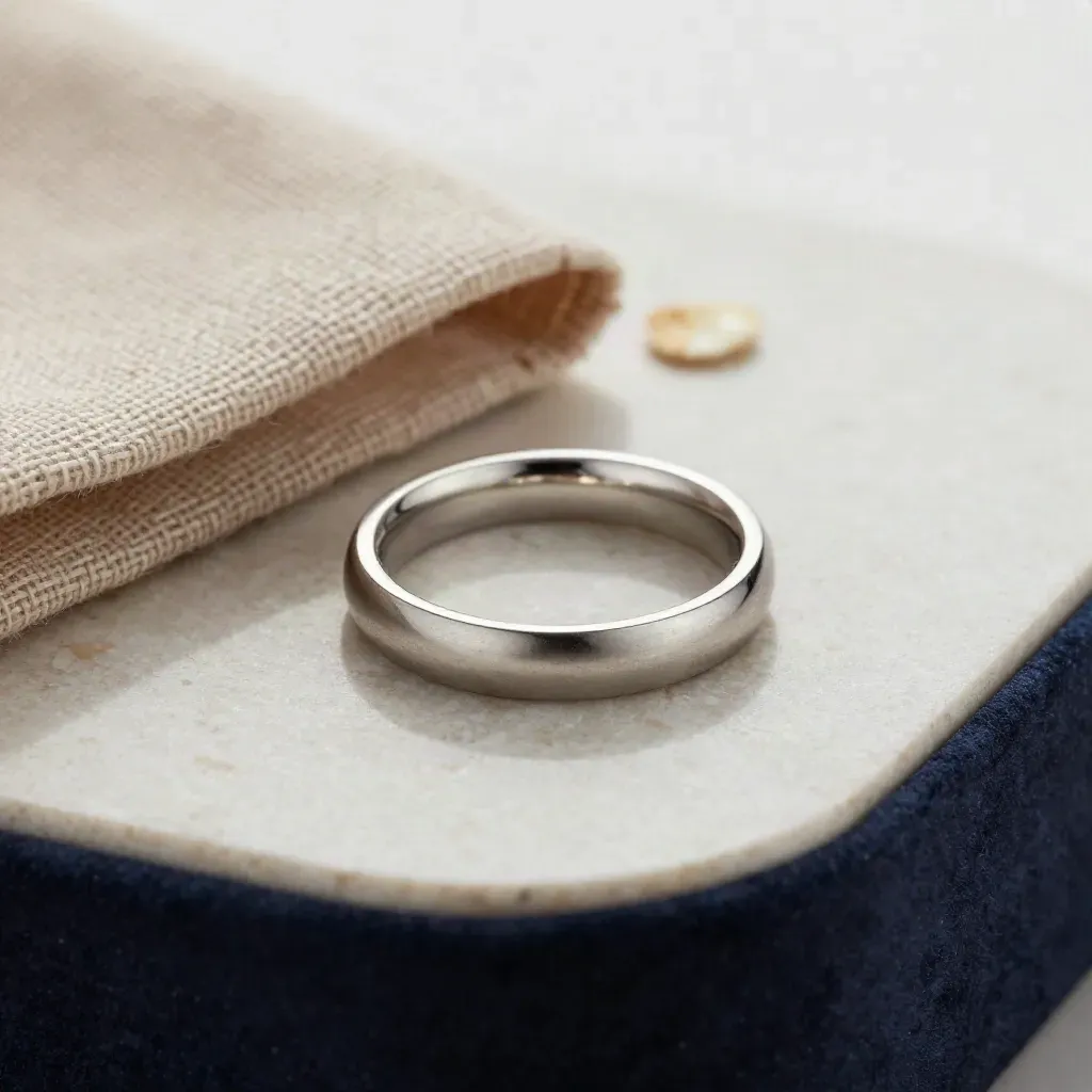Top-down macro of a platinum wedding band beside linen and stone on travertine.