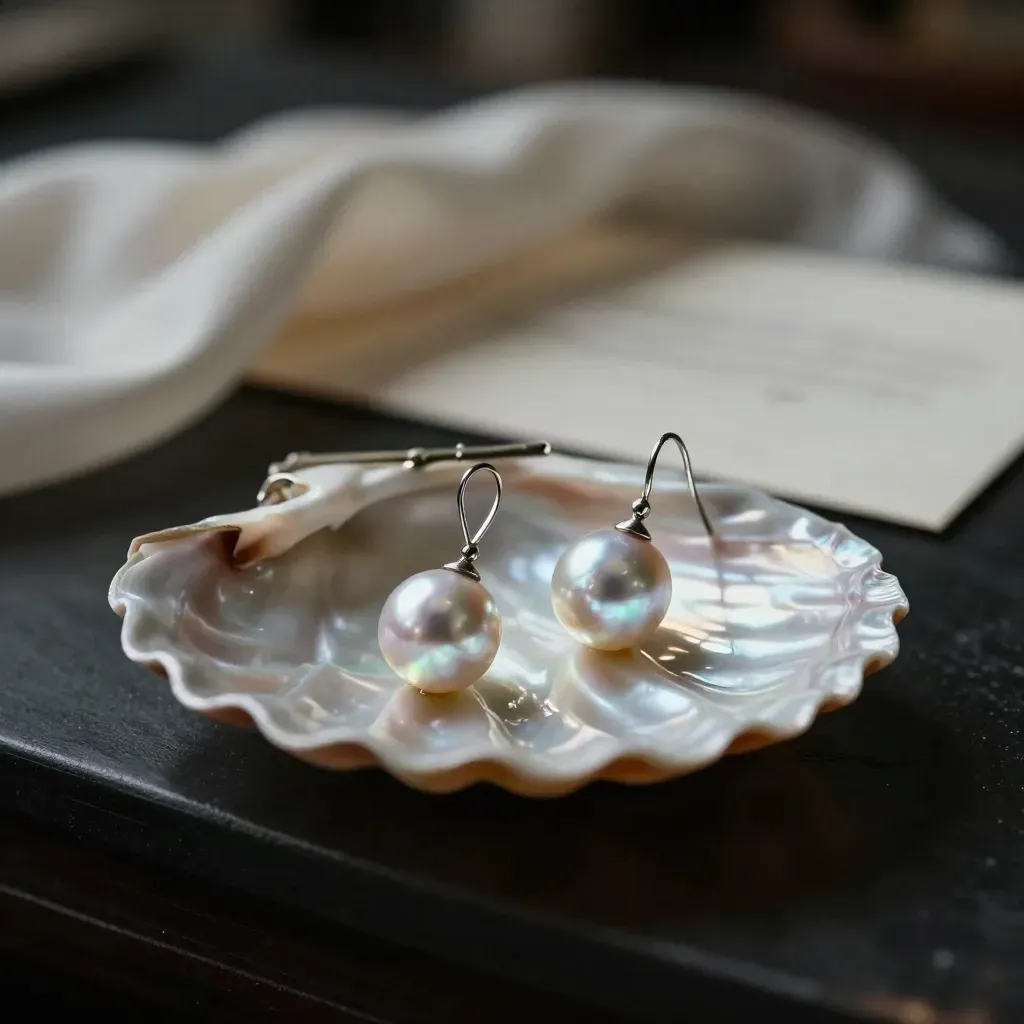South Sea pearl earrings in a shell tray with a soft ivory glow