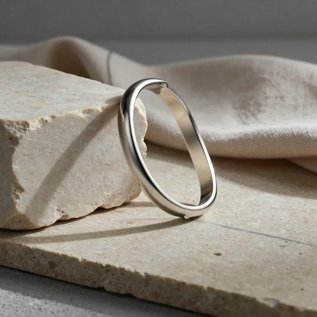 Open platinum cuff bangle leaned on stone with coiled linen, catching a long silver arc.