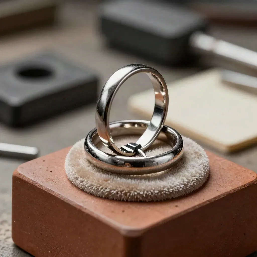 Platinum ring with sizing spacer, polished shims and velvet pad on a terracotta fitting block.