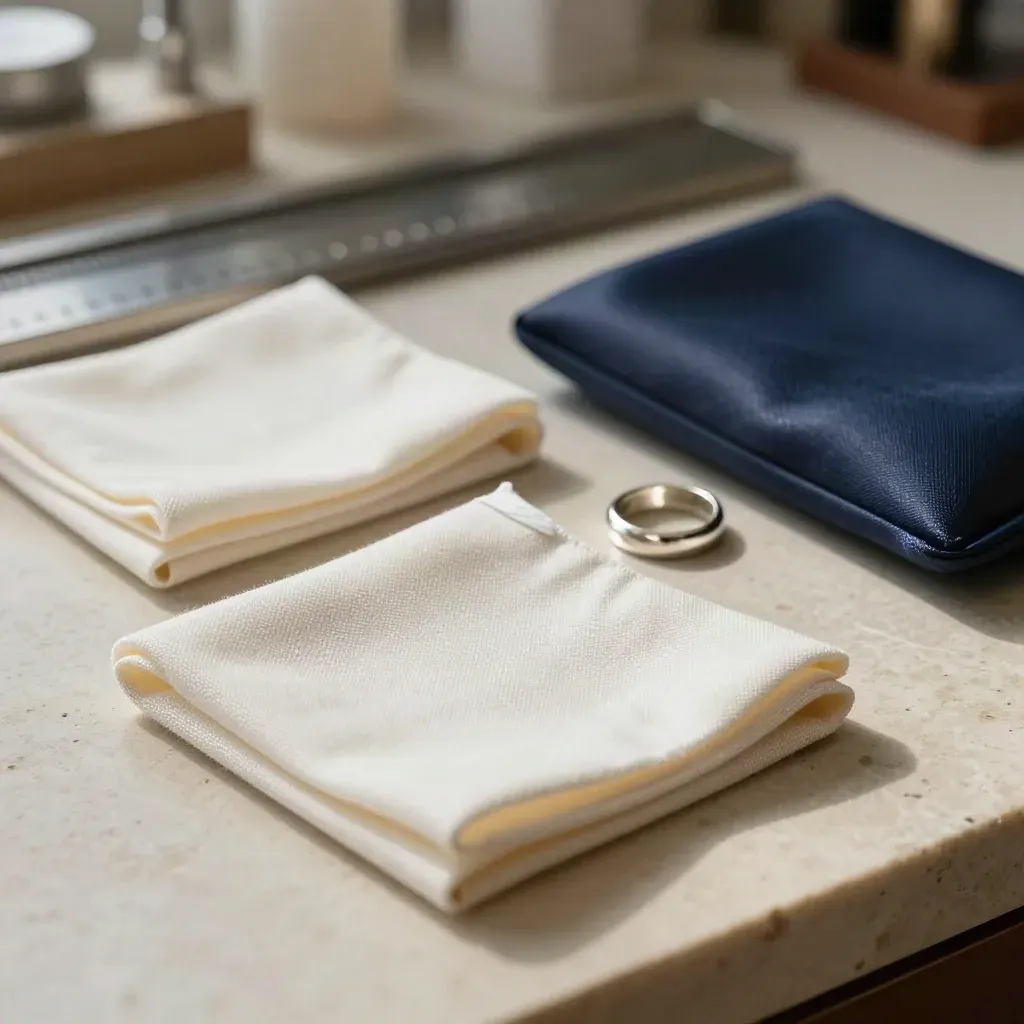 Polishing cloth set, silver ring, and navy pouch on a jeweler’s bench