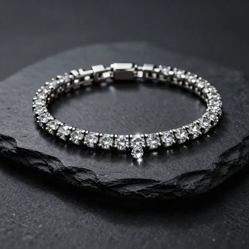 Platinum diamond line bracelet glowing in a dark studio with two crystal droplets.