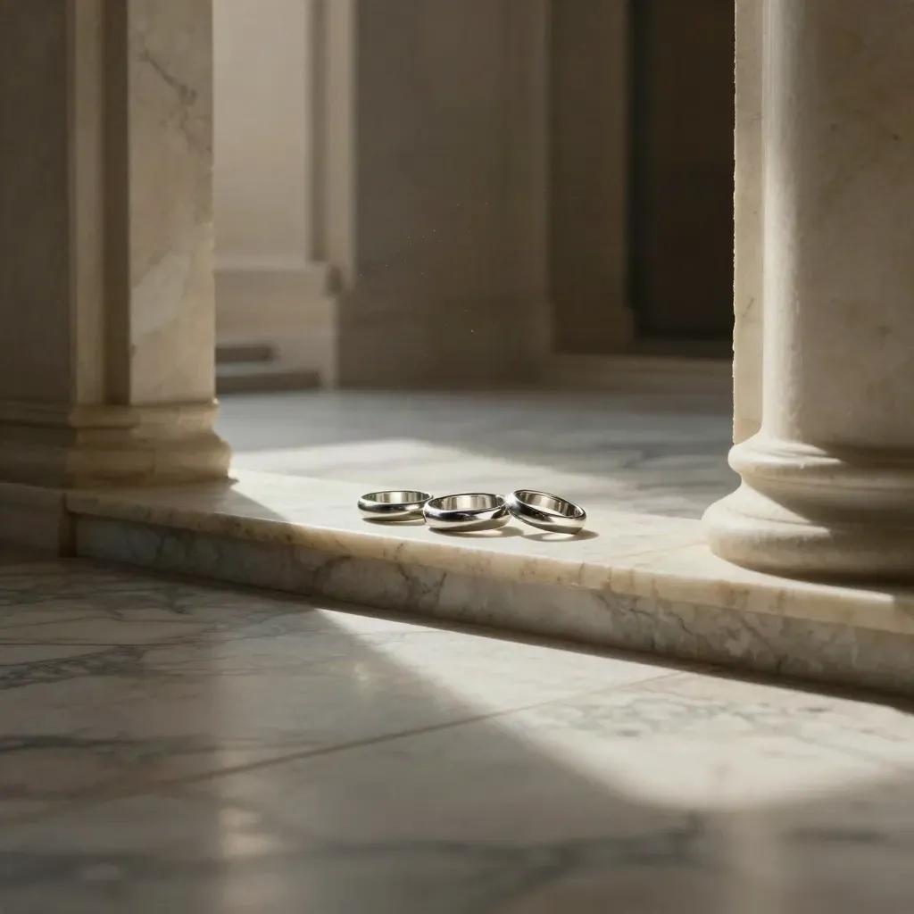 Platinum rings on a stone plinth in a sunlit marble gallery threshold with a bright archway.